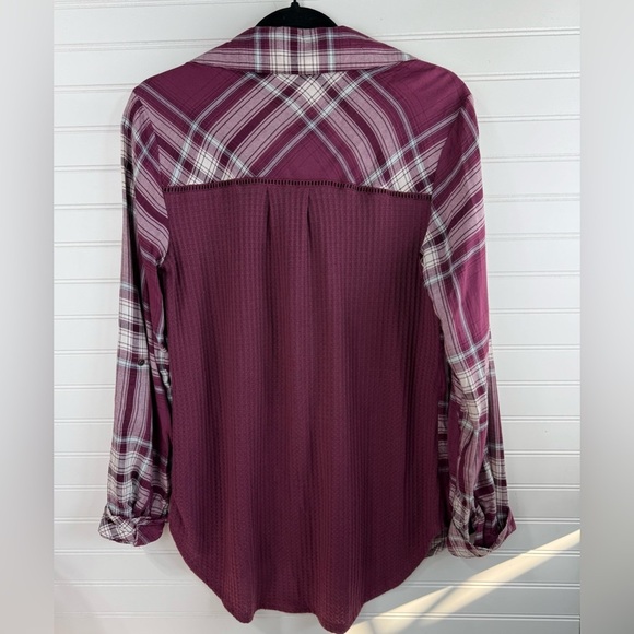 Knox Rose women’s plaid maroon & white plaid waffle weave back top. Size XS. - Picture 2 of 2